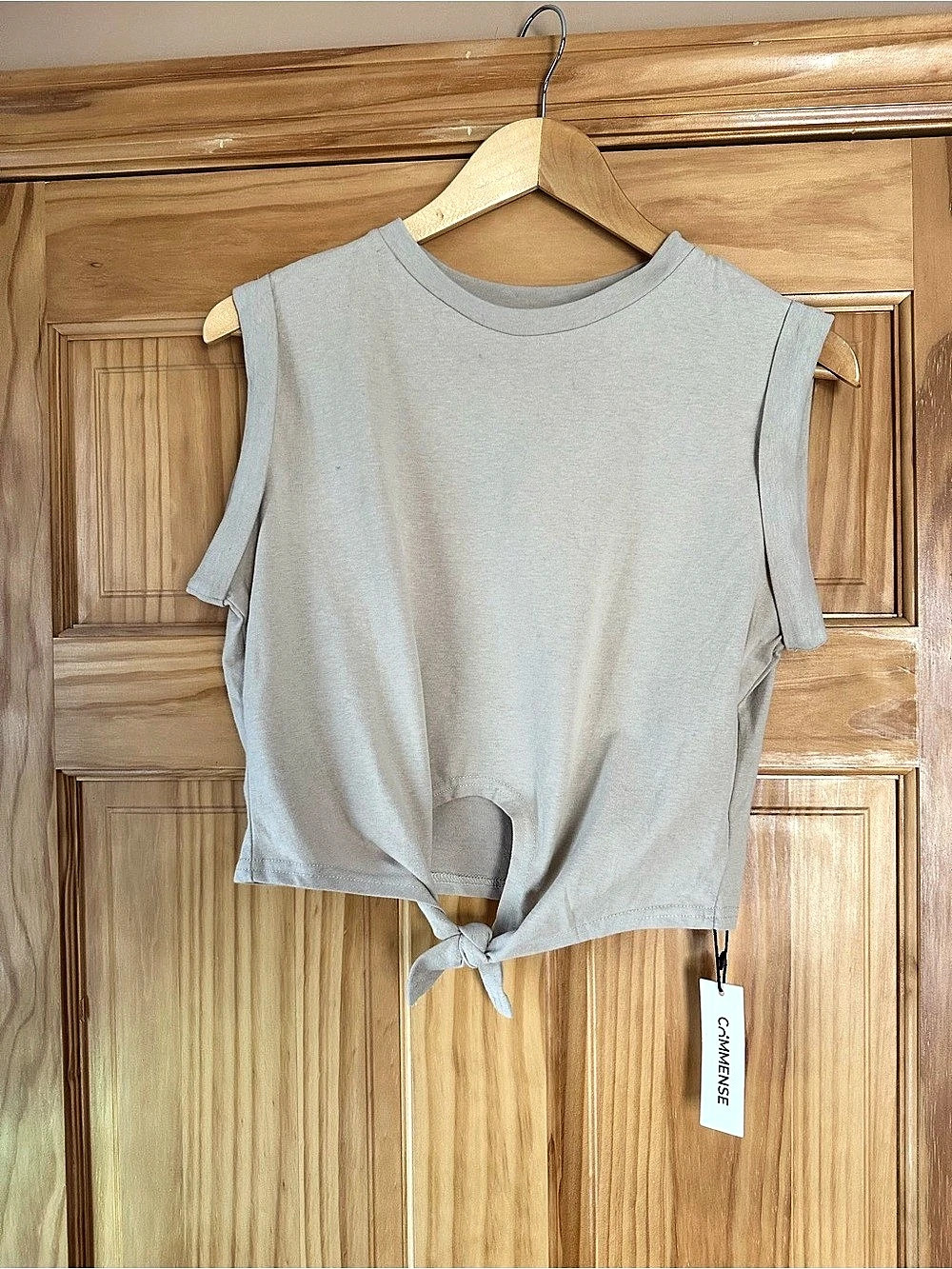 COMMENSE V-Neck Knot Front Sleeveless Top Gray